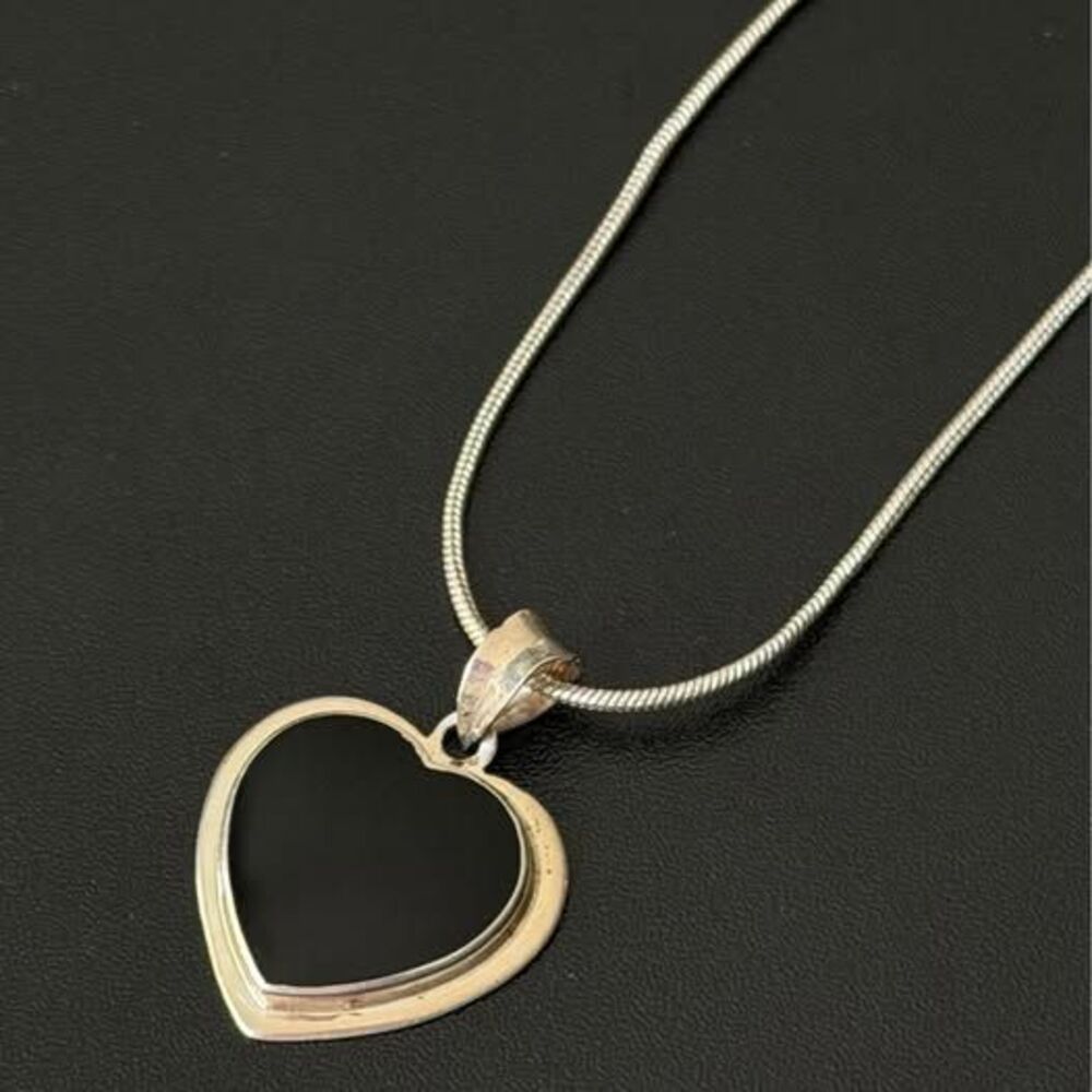 Vintage Sterling Silver Black Onyx Heart Necklace 18” | Timeless Love Pendant